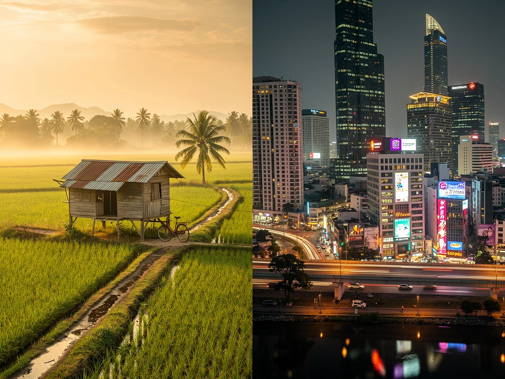 Rural Thai countryside and modern Bangkok skyline comparison
