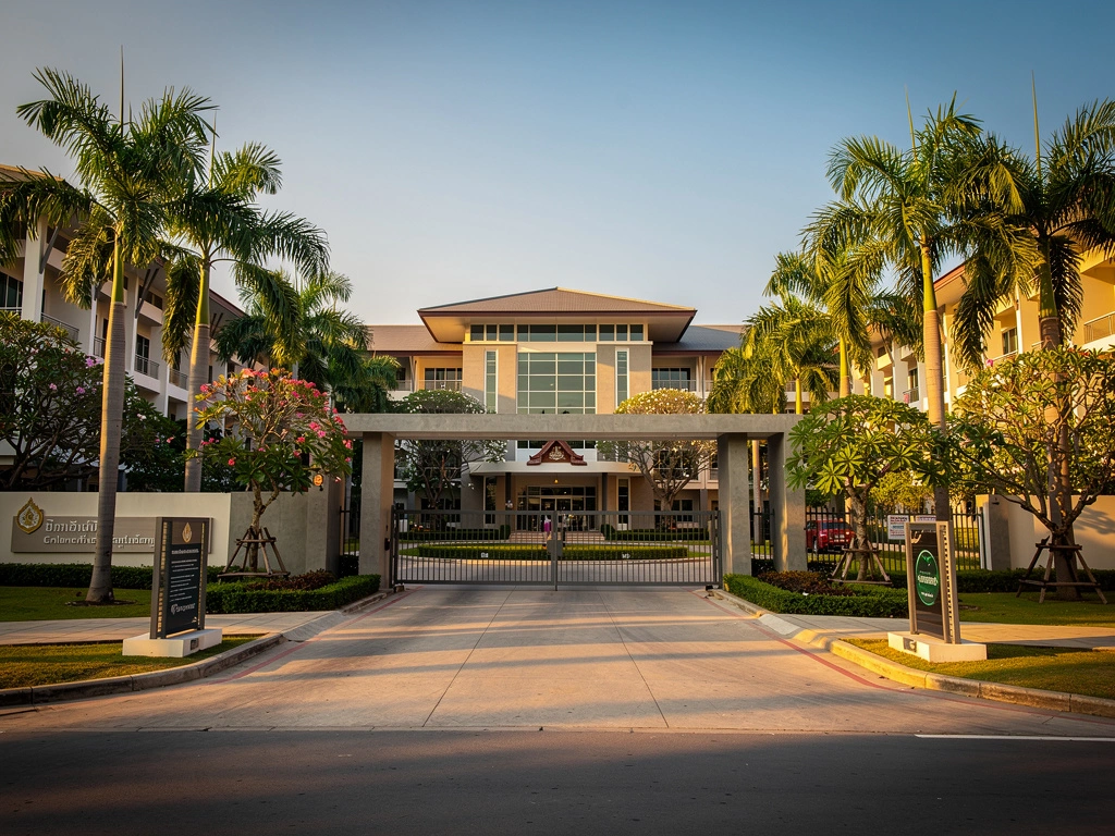 Thai university campus with tropical trees