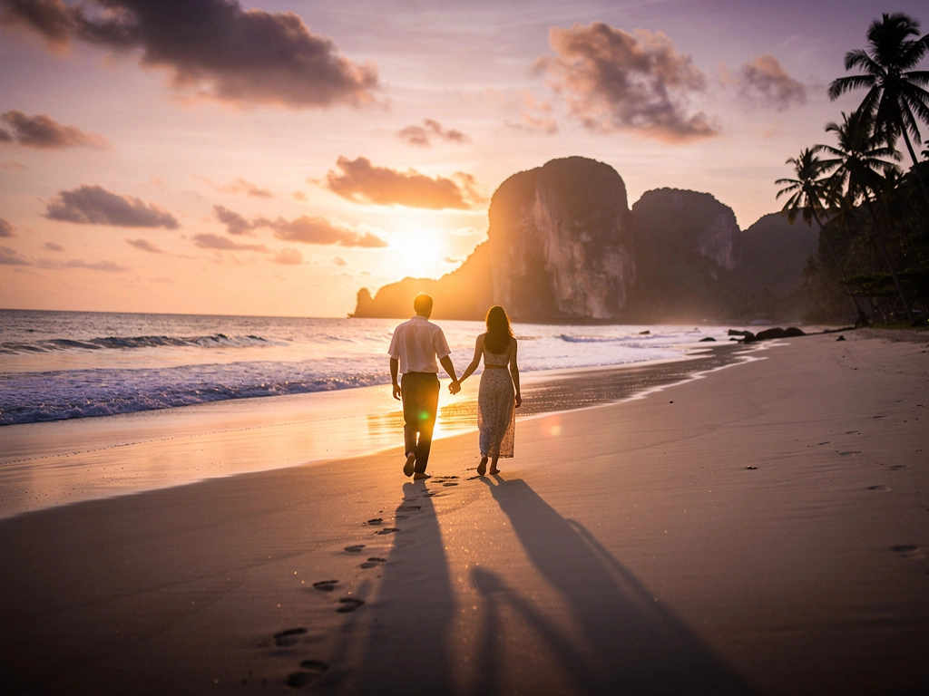 Couple walking on a Thai beach at sunset