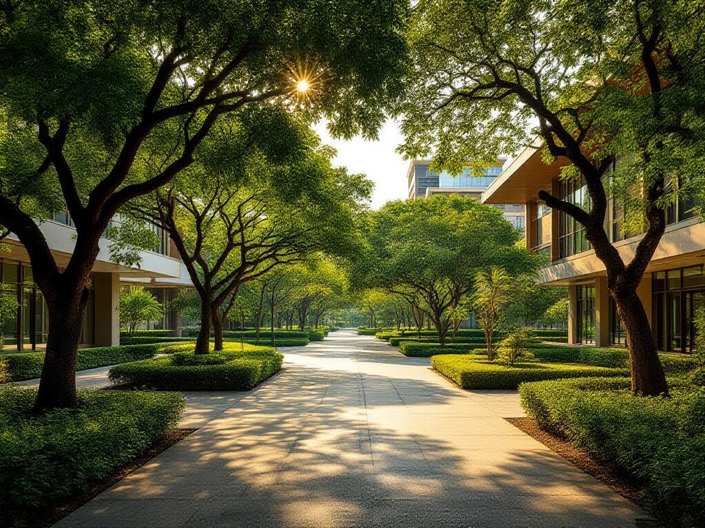 Thai university campus with students walking between buildings