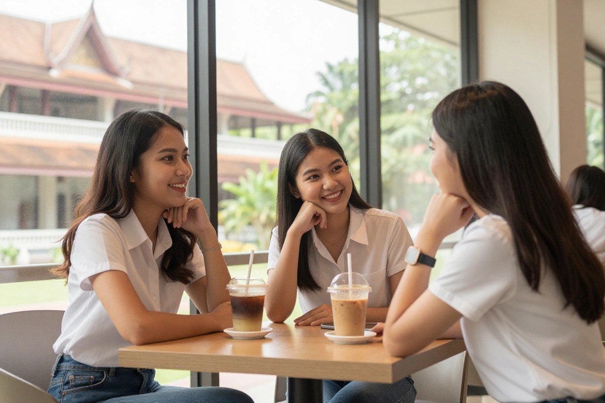 Young Thai women at a university campus coffee shop
