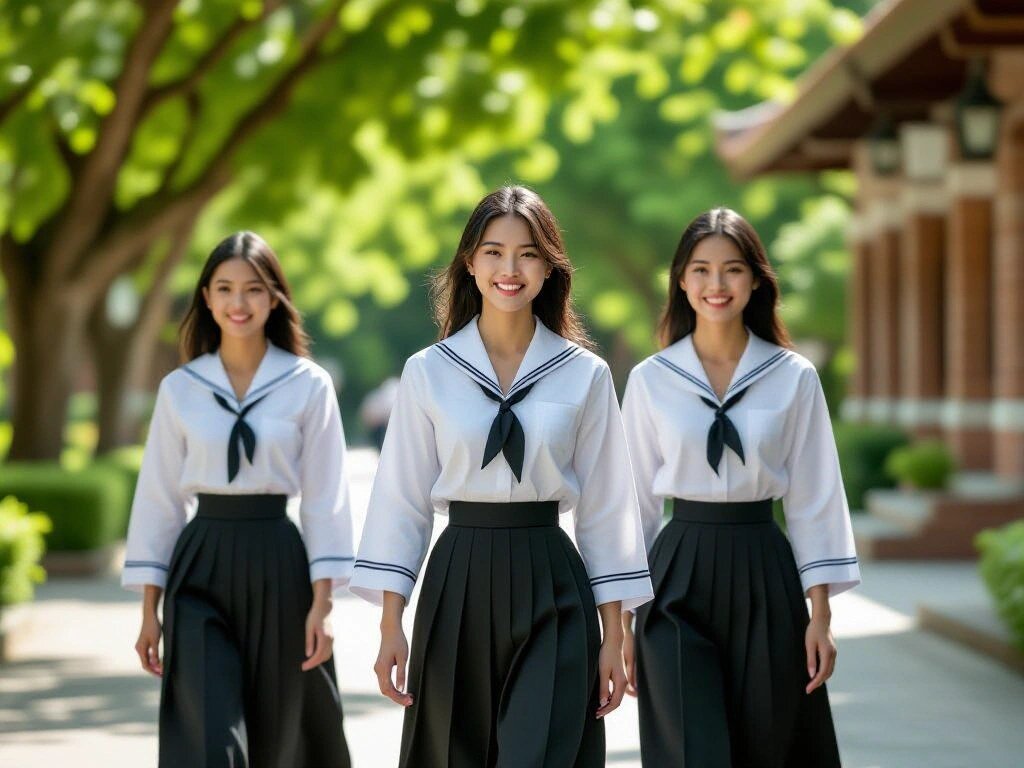 Thai university students in uniform walking across a Bangkok campus